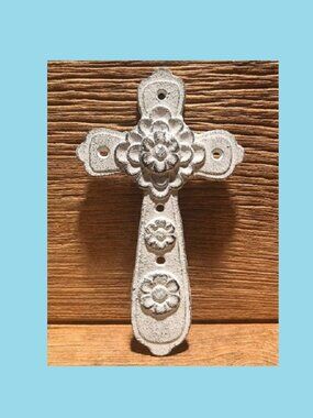 Cast Iron Small Cross Whitewashed 8" Tall by 4 3/4" wide Flower Cross 0184-0243W